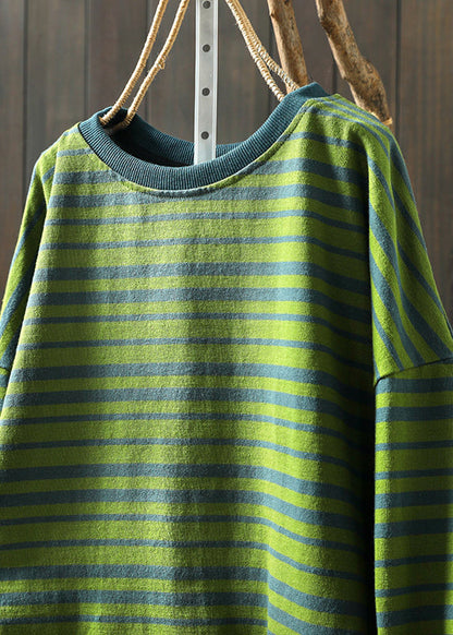 Green O Neck Striped Patchwork Cotton T Shirt Top Fall