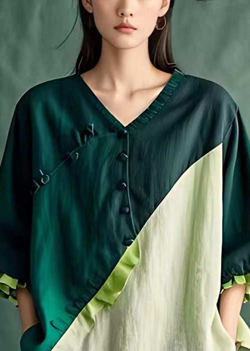 Blackish Green Button Patchwork Linen Top Butterfly Sleeve
