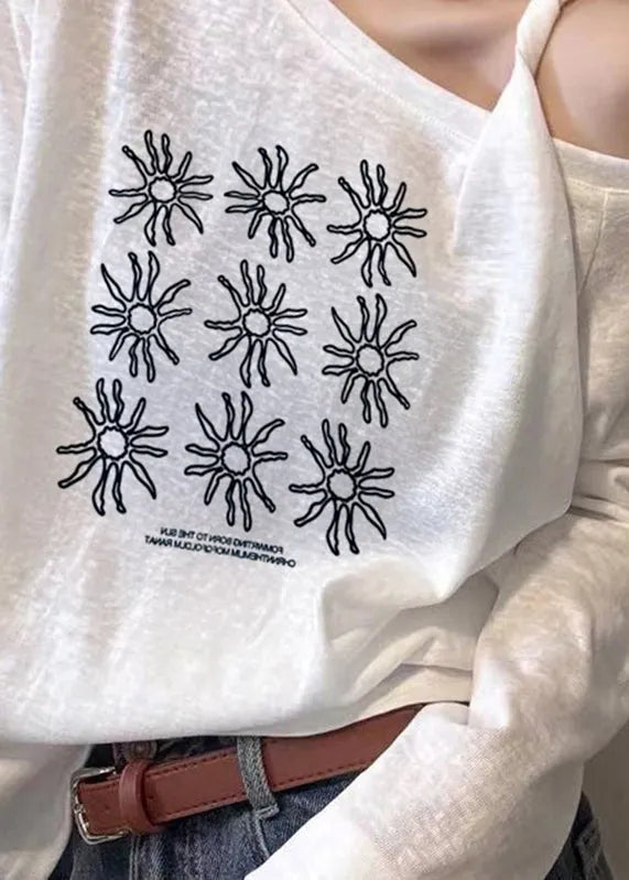 White Asymmetrical One Shoulder Print Top Fall