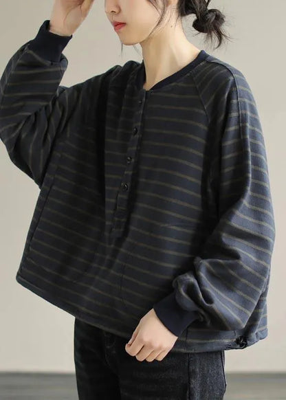 Simple O Neck Spring Clothes for Christmas Gifts Navy Striped Blouses