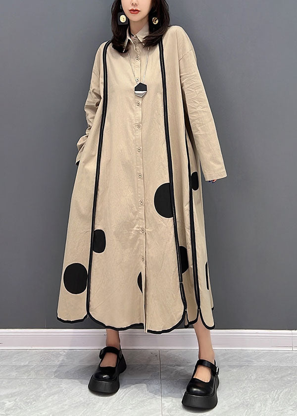 Khaki Peter Pan Collar Patchwork Dot Print Cotton Vacation Dresses Fall