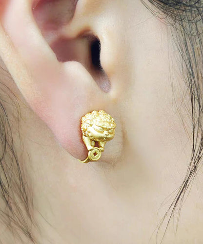 New Gold Auspicious Pixiu Silver Single Ear Clip Stud Earrings