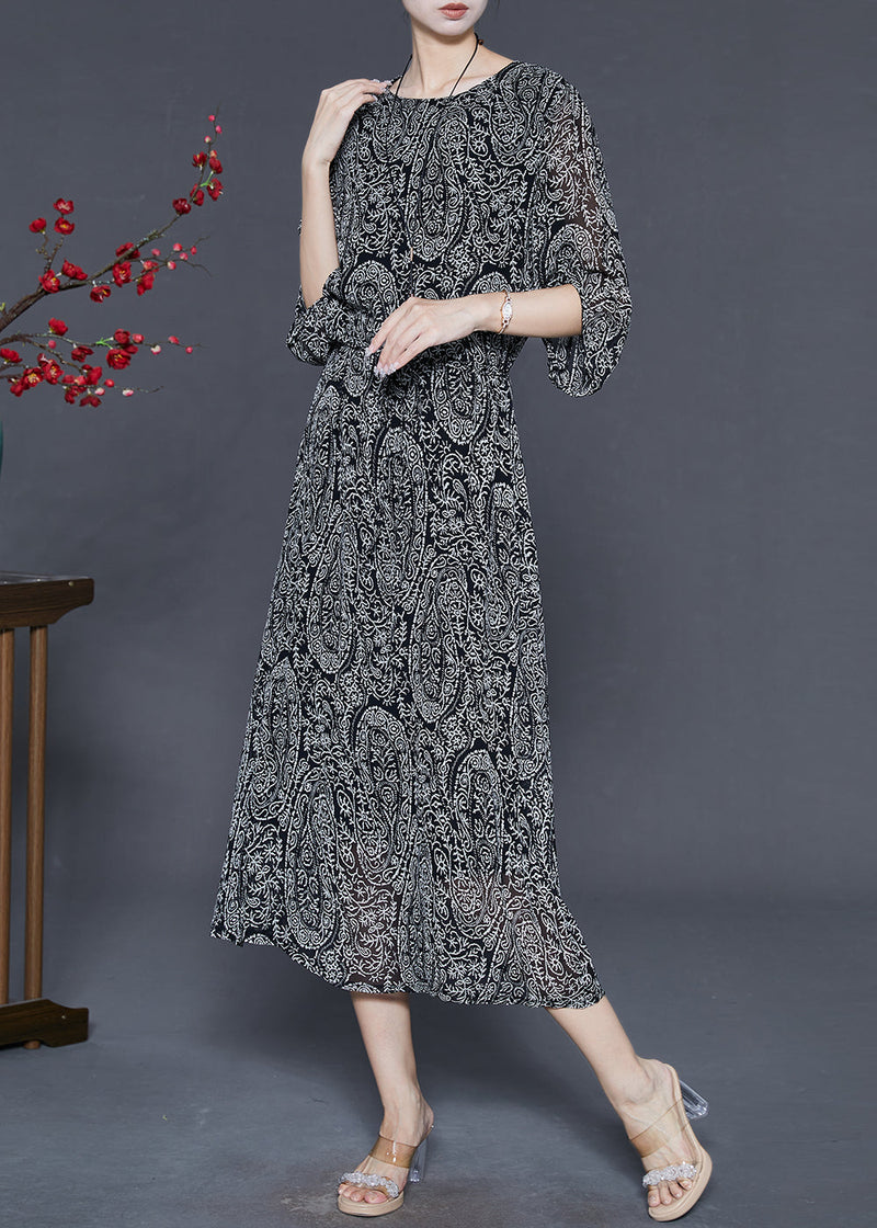 Black Tie Waist Print Chiffon Dress Summer