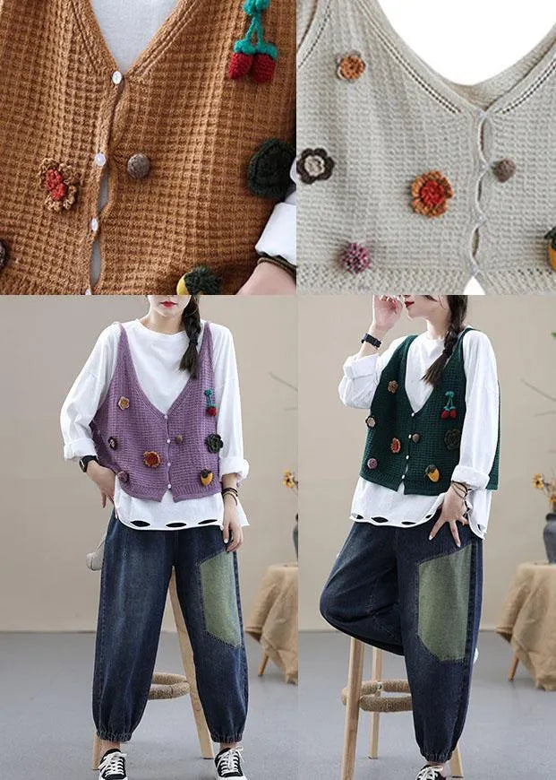 Style Khaki Embroideried Fall Shirt Knit Vest Sleeveless