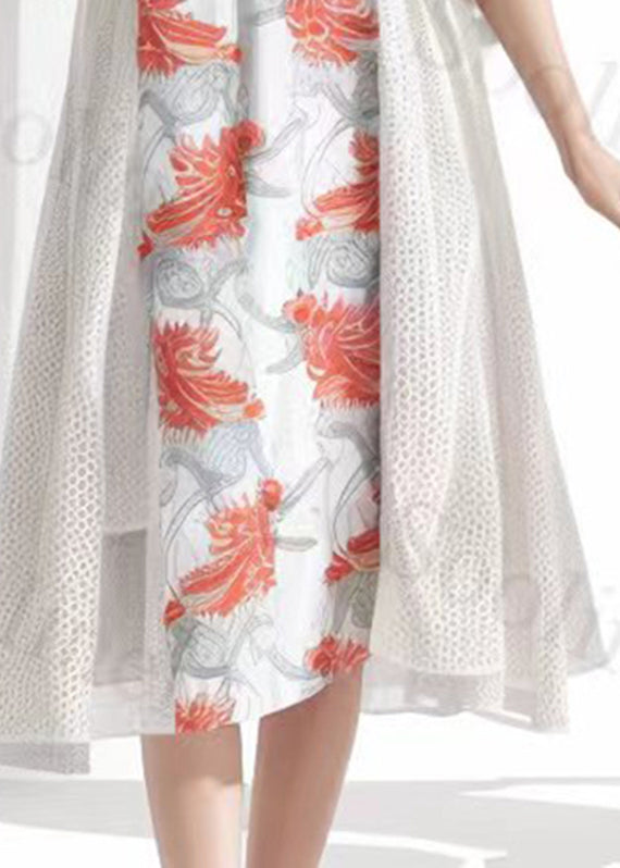 Beige O-neck Print Fake Two Pieces Silk Long Dresses Summer