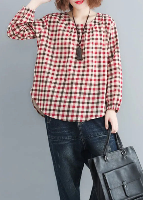 Red O-neck Plaid Cotton Loose Tops Spring