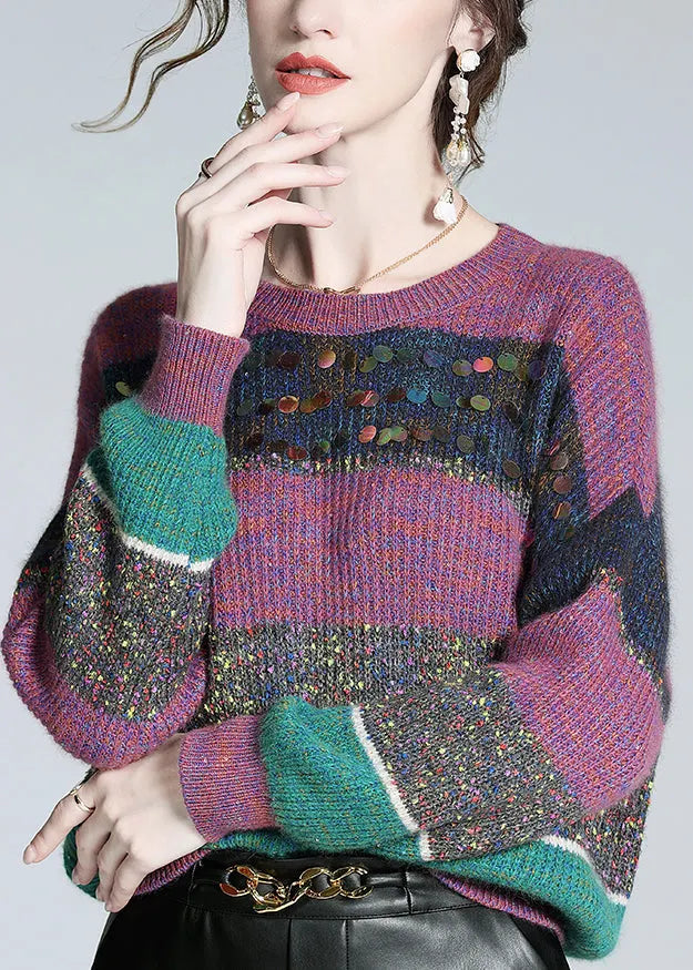 Purple Striped Sequins Cashmere Knit Sweater Winter