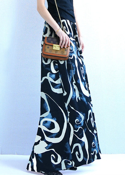 Black Print Oversized Silk Summer Wide Leg Pants Elastic Waist