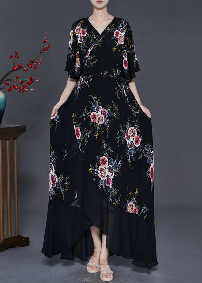 Black Asymmetrical Print Chiffon Maxi Dresses Summer