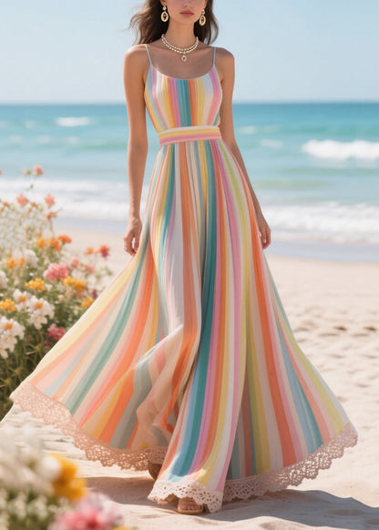 Rainbow Striped Exra Large Hem Chiffon Beach Dress Summer