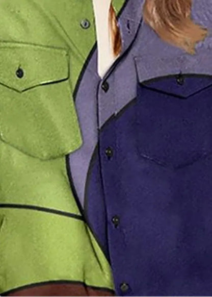 Colorblock Peter Pan Collar Button Pocket Print Shirt Long Sleeve
