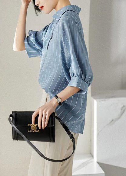 Diy Blue Striped Peter Pan Collar Patchwork Silk Shirt Top Summer