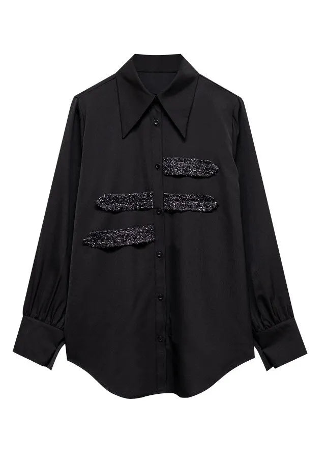 Black Peter Pan Collar Button Sequins Cotton Shirt Tops Long Sleeve