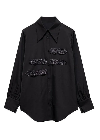 Black Peter Pan Collar Button Sequins Cotton Shirt Tops Long Sleeve