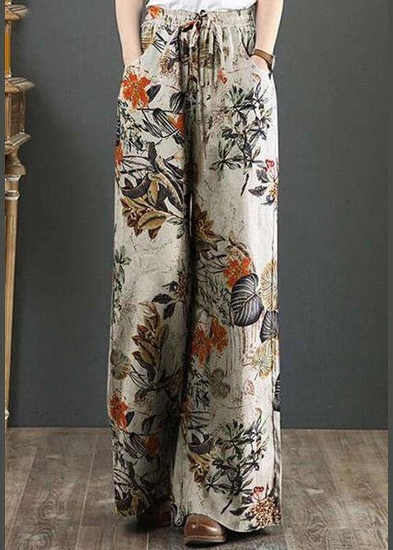 Cotton Palnt Print Pocket Drawstring Elastic Waist Retro Wide Leg Pants
