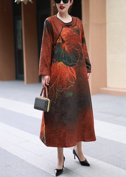 Red O Neck Print Cotton Long Dress Fall