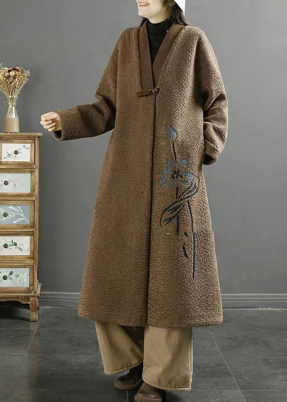 Chocolate Embroideried Chinese Button Faux Fur Coats Winter