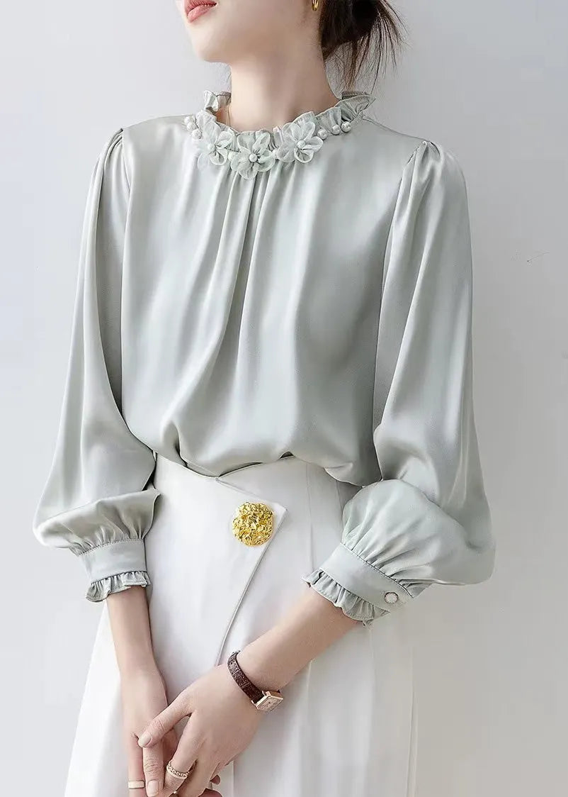 Unique Light Blue Ruffled Chiffon Shirts Spring