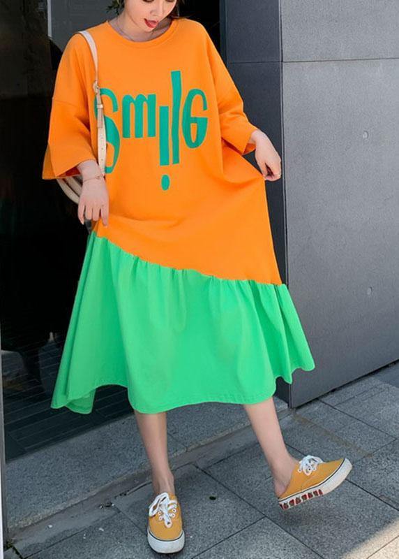 Orange Patchwork Green Loose Graphic Summer Half Sleeve Long Dress