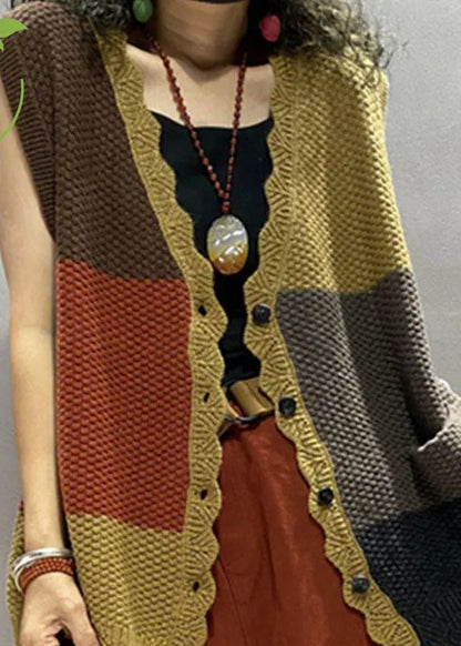 Colorblock Loose V Neck Button Fall Blouse Tops Sleeveless Knit Vest