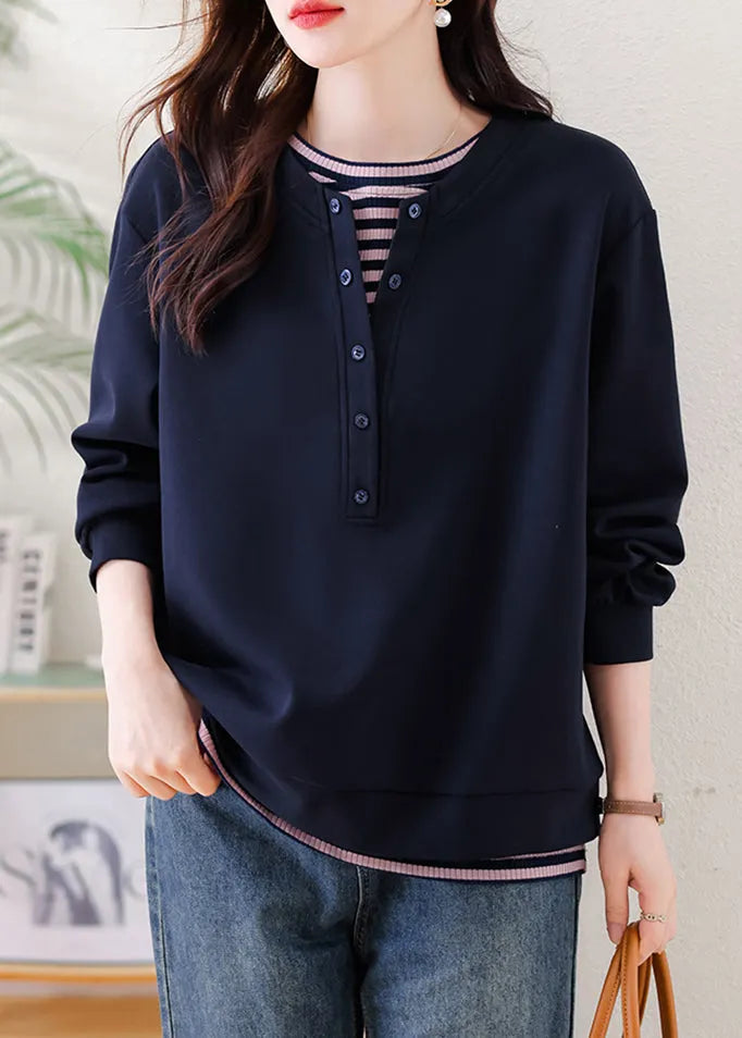 Navy Oversized Patchwork Cotton Sweatshirt Fall