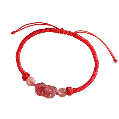 Buddha Stones Handmade Natural Silver Sheen Obsidian Strawberry Quartz Pixiu Protection Braided Bracelet