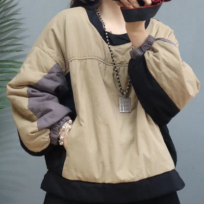 Khaki O-neck Lantern Sleeve Fine Cotton Filled Sweatshirt Street Wear