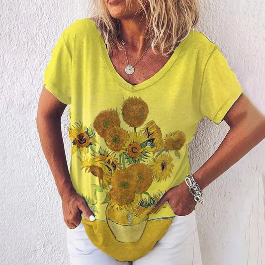 Bright Yellow Van Gogh Sunflowers Art Print V-Neck Top