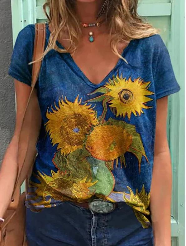 T-Shirt Scollo a V Stampa Girasoli Van Gogh