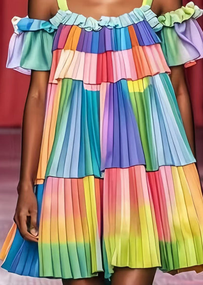 Rainbow Tie Dye Wrinkled Chiffon Day Dress Summer