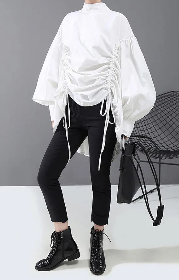 Lantern Sleeve Woman Style Black White Hipster Blouse Shirt