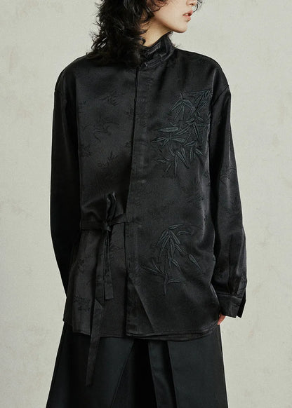 Black Shirt Embroidered Tie Waist Fall