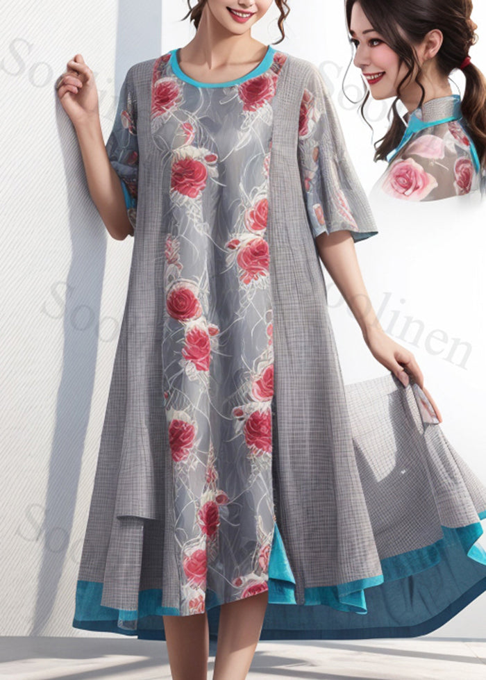 Diy Grey Print Patchwork Exra Large Hem Cotton Dress Summer