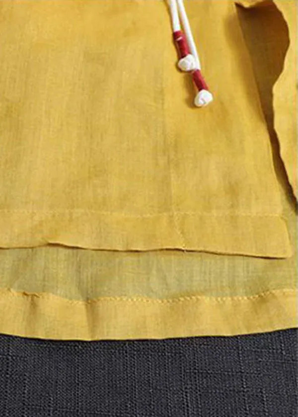 Yellow V Neck Embroideried Cotton Linen Blouse Tops Bracelet Sleeve