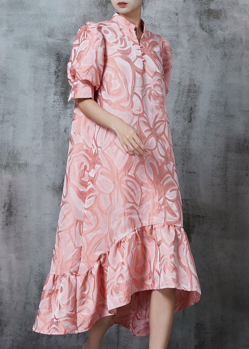 Pink Stand Collar Jacquard Silk Robe Dresses Summer