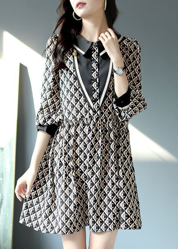 Black Peter Pan Collar Print Patchwork Chiffon Dresses Spring