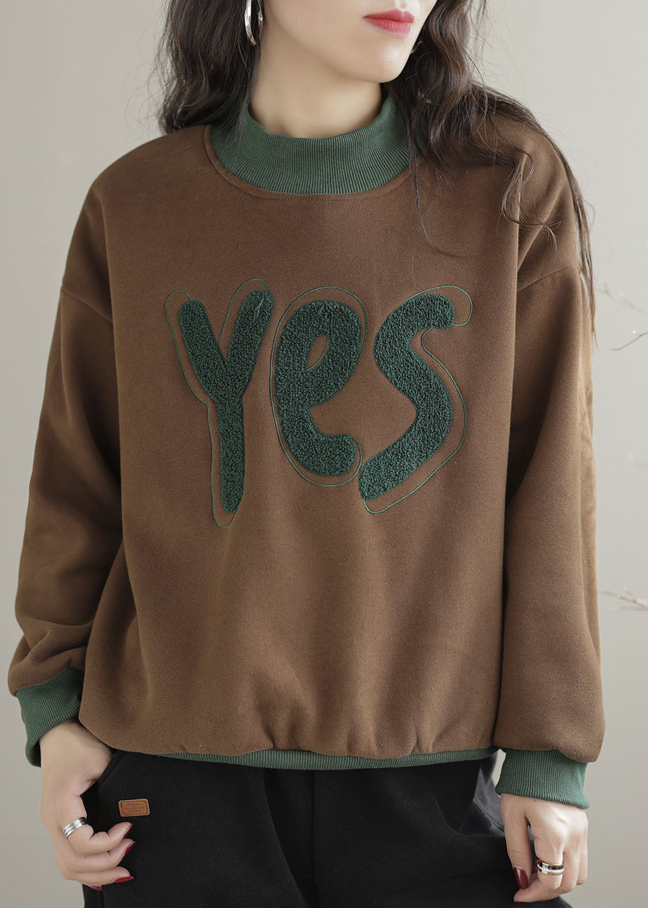 Yellow Embroideried Patchwork Warm Fleece Pullover Sweatshirt Spring