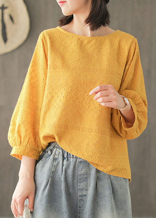 Diy Yellow Hollow Out Embroideried Fall Long Sleeve Tops