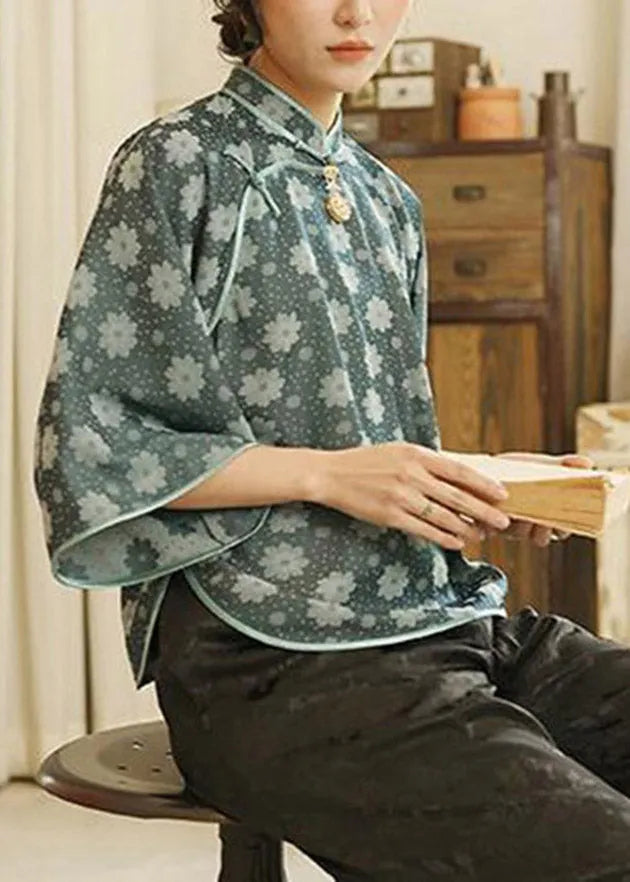Ink Blue Mandarin Collar Jacquard Silk Shirt Top Three Quarter Sleeve