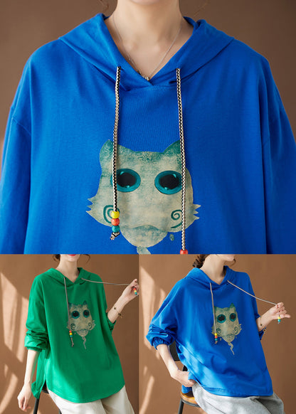 Blue Print Cozy Cotton Loose Sweatshirt Hooded Fall