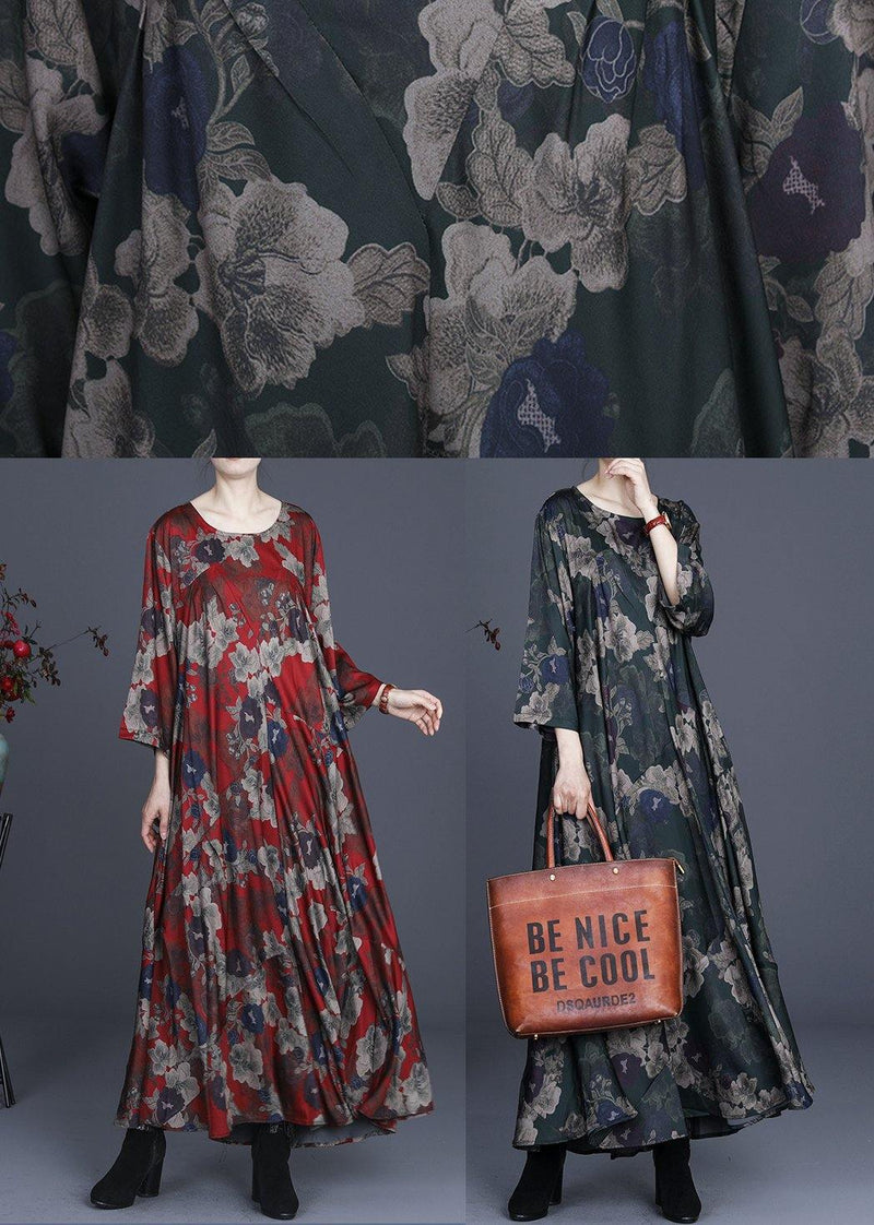 Green Print Silk Asymmetrical Design Mid Dress Summer