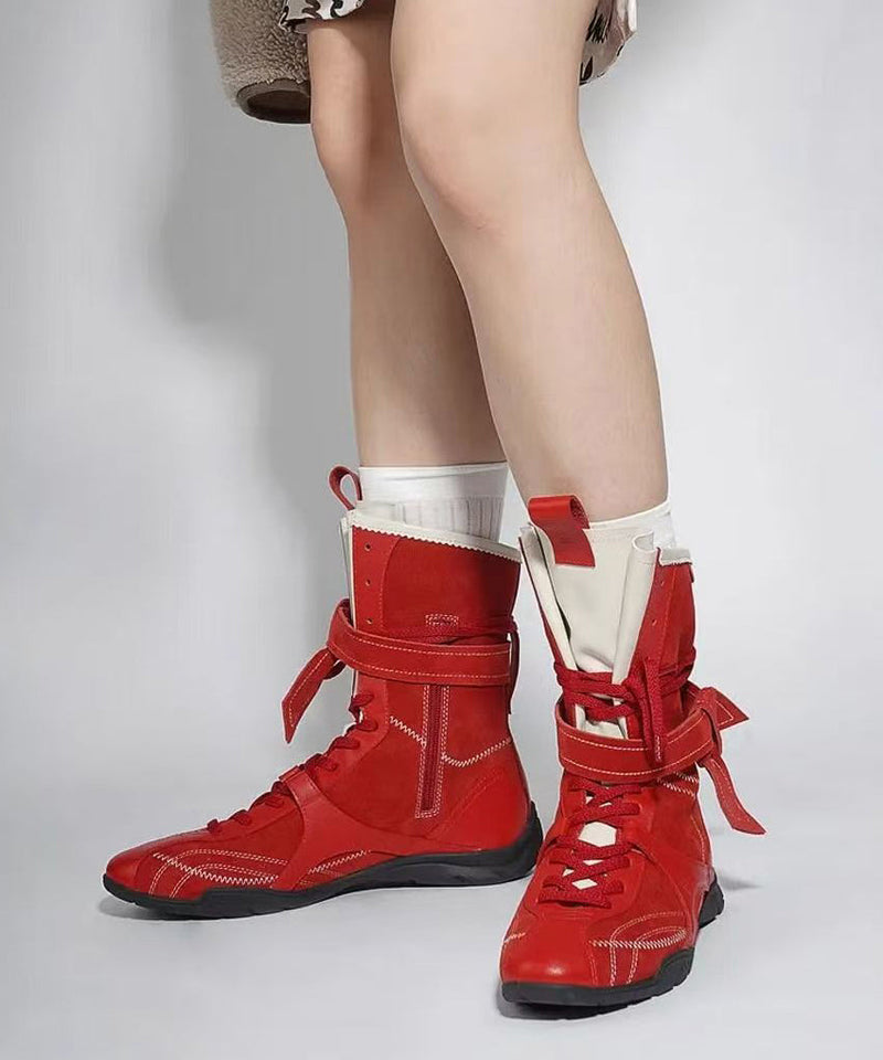 Red Lace Up Suede Splicing Boots