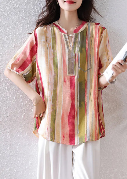 Diy Rainbow V Neck Striped Cotton Top Half Sleeve