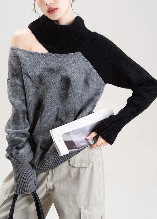 Red Cold Shoulder Patchwork Knit Sweaters Spring