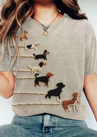 Grey O Neck Animal Cotton T Shirt Tops Summer