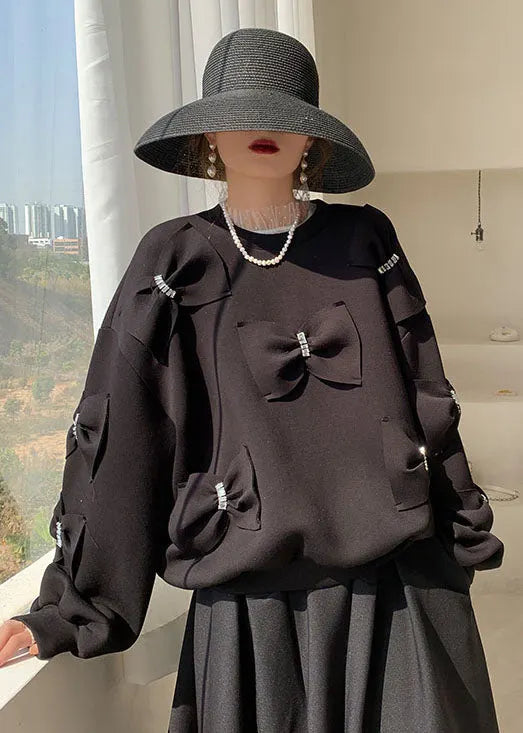 Black Bow Cotton Sweatshirts Top Spring