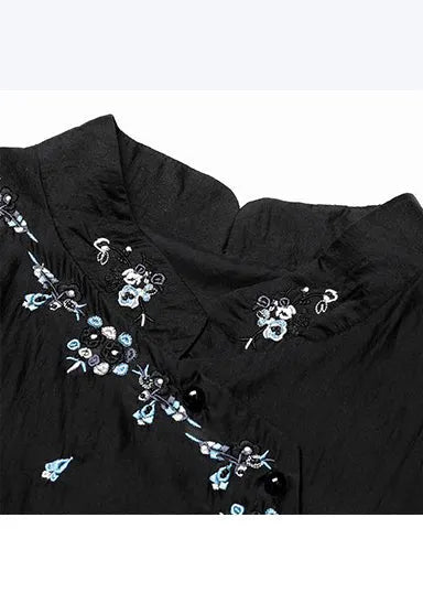 Black Mandarin Collar Embroidered Cotton Tops Fall