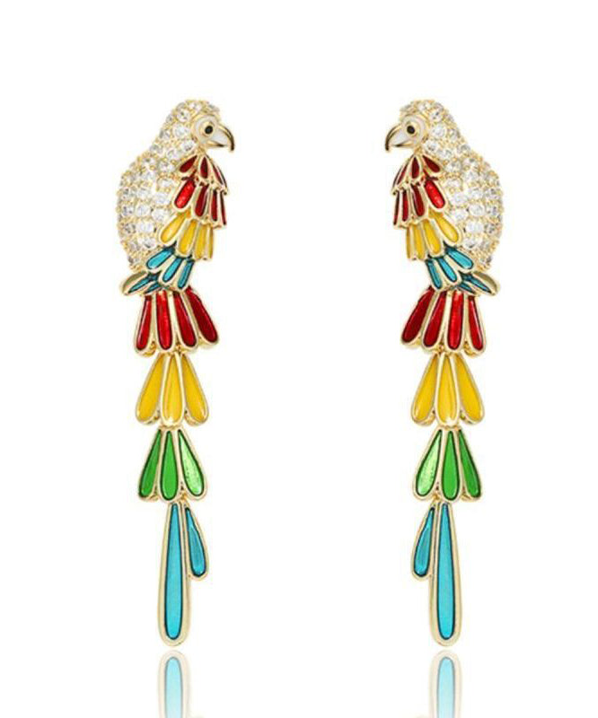 Rainbow Copper Overgild Zircon Parrot Tassel Drop Earrings