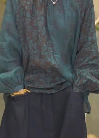 Blackish Green O Neck Print Cotton Top Lantern Sleeve