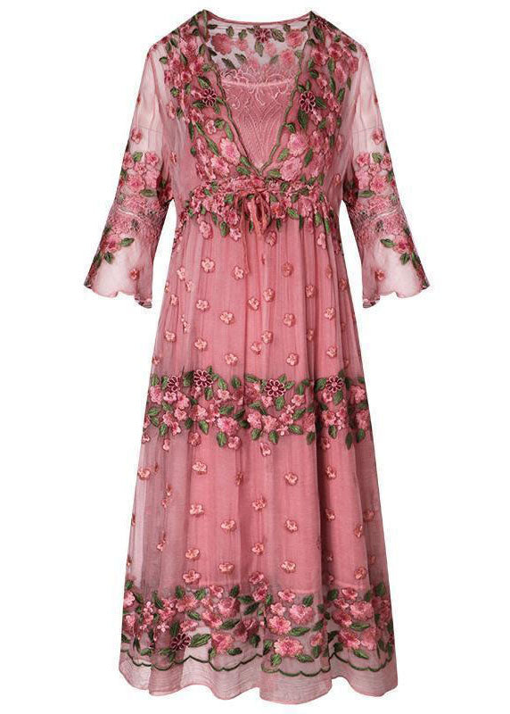Pink Embroideried Lace Up Silk Robe Dresses Flare Sleeve